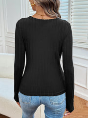 Ribbed V-Neck Long Sleeve T-Shirt