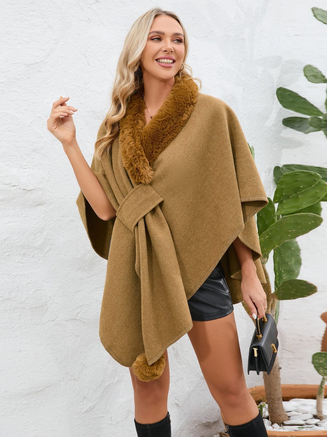 Fuzzy Trim Open Front Poncho - Trendsi