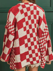 Checkered Open Front Long Sleeve Cardigan - Trendsi