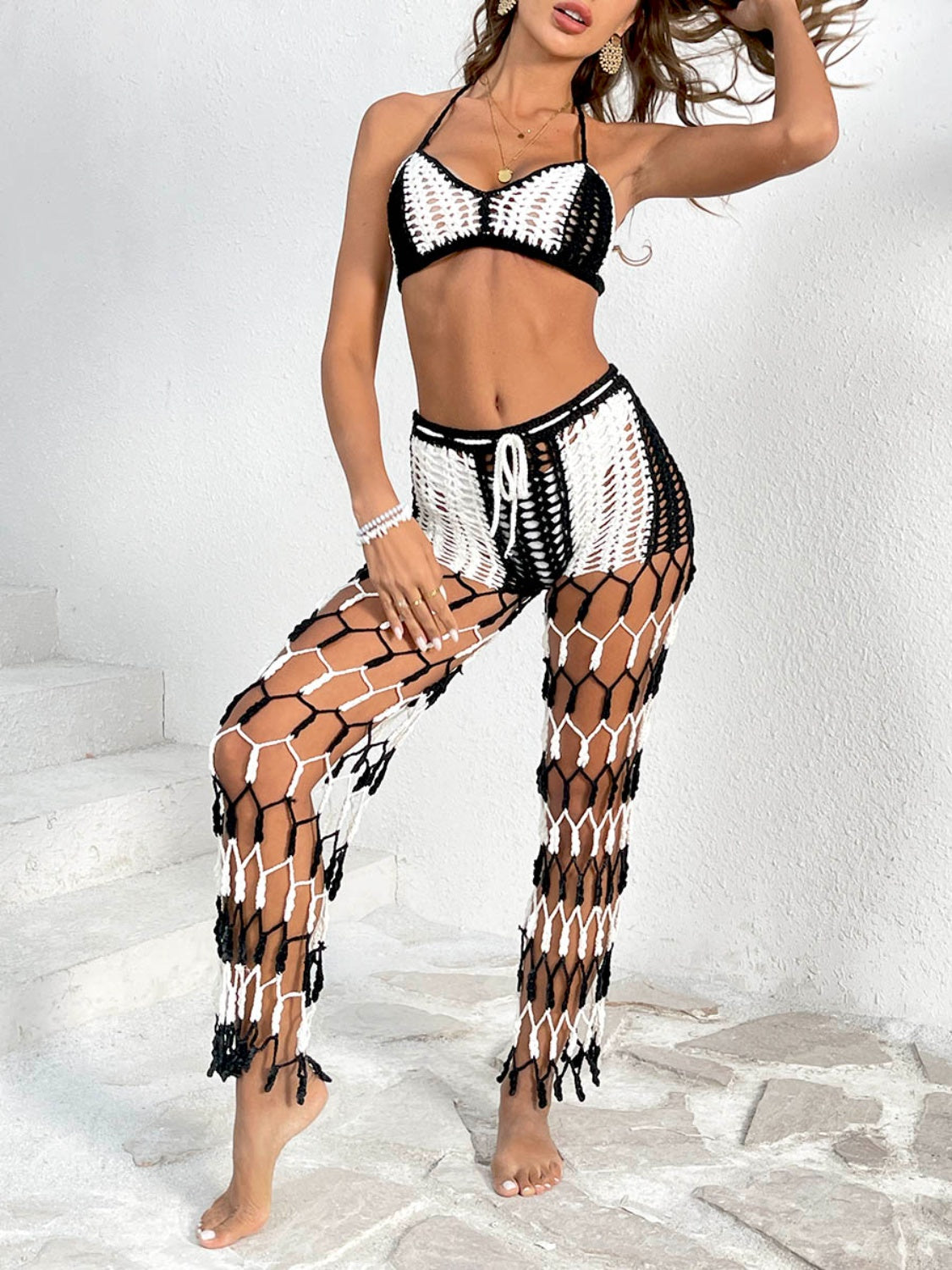 Cutout Halter Neck Top and Pants Two-Piece Swim Set - Flyclothing LLC