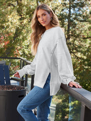 Slit Round Neck Long Sleeve Sweatshirt