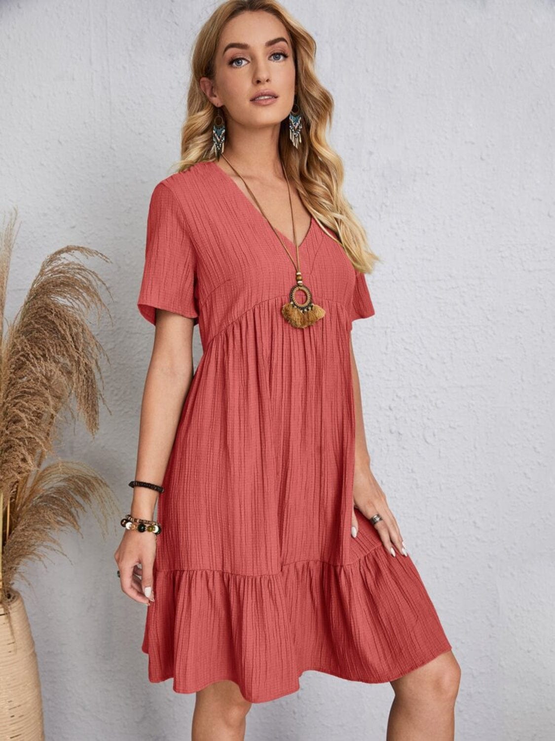 Full Size V-Neck Short Sleeve Dress - Trendsi