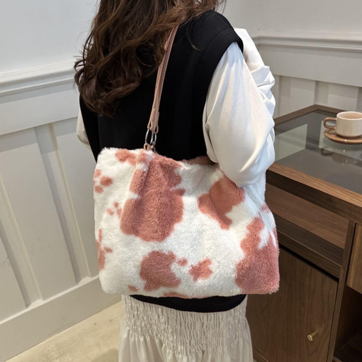 Cow Print Furry Tote Bag - Trendsi