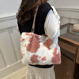 Cow Print Furry Tote Bag - Trendsi