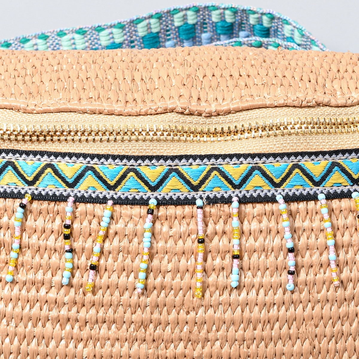 Bead Trim Straw Weave Crossbody Bag