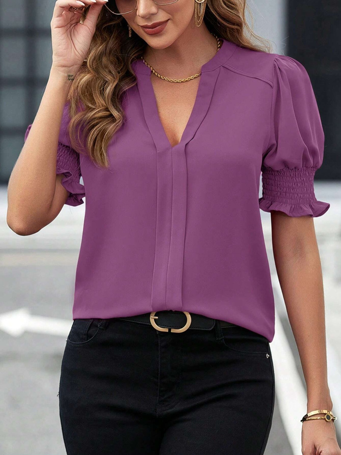 Notched Short Sleeve Blouse Trendsi