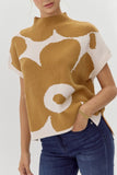 Contrast Flower Mock Neck Short Sleeve Sweater