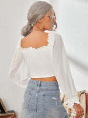 Mesh Sweetheart Neck Flounce Sleeve Top - Trendsi