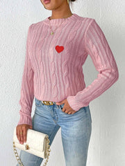 Cable-Knit Heart Round Neck Long Sleeve Sweater - Trendsi