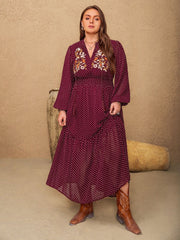 Plus Size Embroidered Polka Dot Tie Neck Long Sleeve Midi Dress - Trendsi