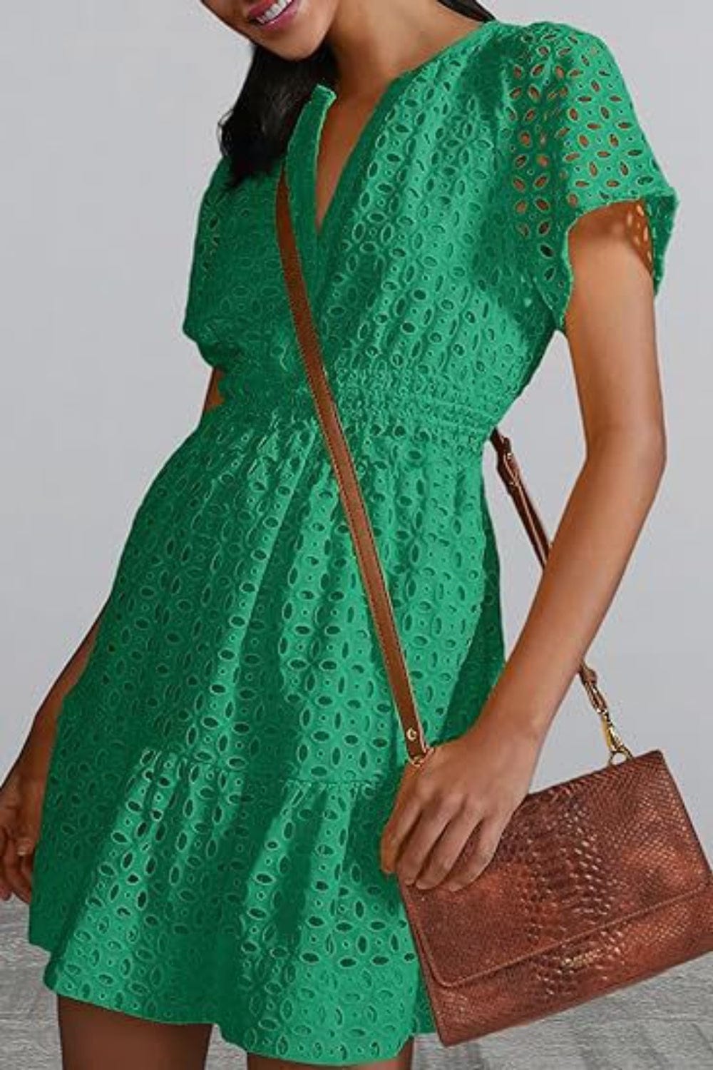 Eyelet Notched Short Sleeve Mini Dress - Trendsi