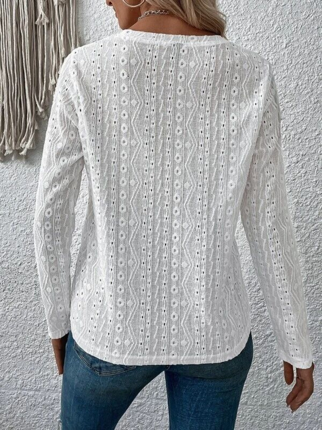 Eyelet Round Neck Long Sleeve Blouse - Flyclothing LLC