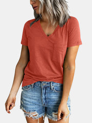 Pocketed V-Neck Short Sleeve T-Shirt Trendsi