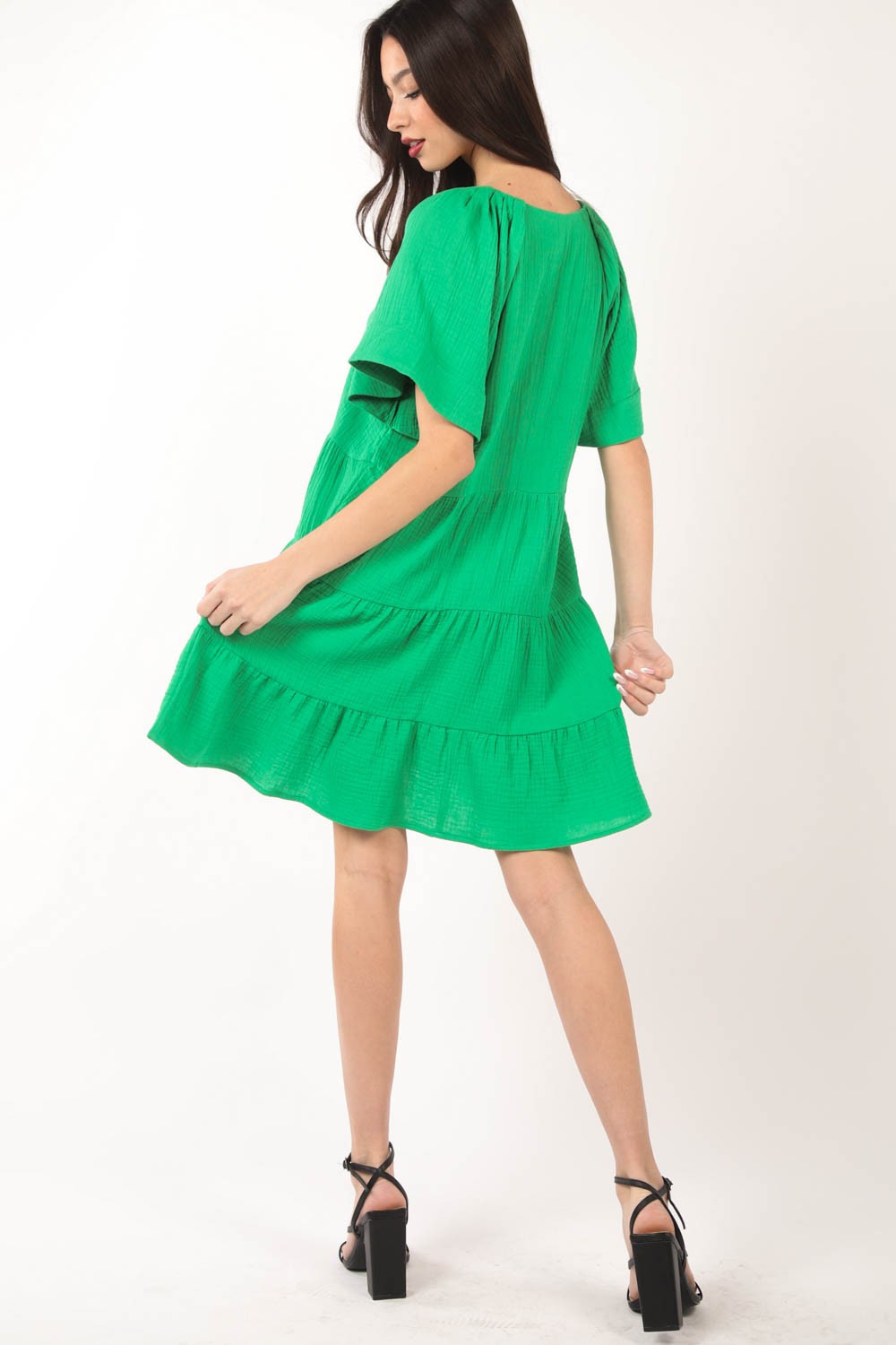 VERY J Texture V-Neck Ruffled Tiered Dress - Flyclothing LLC