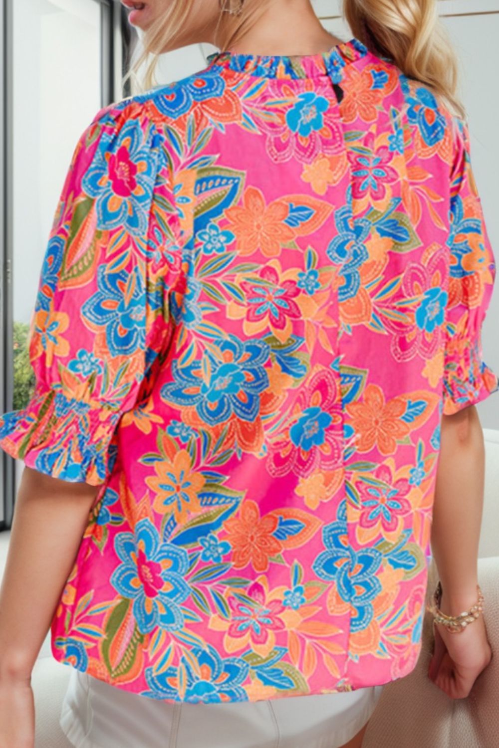 Printed Mock Neck Half Sleeve Blouse - Flyclothing LLC