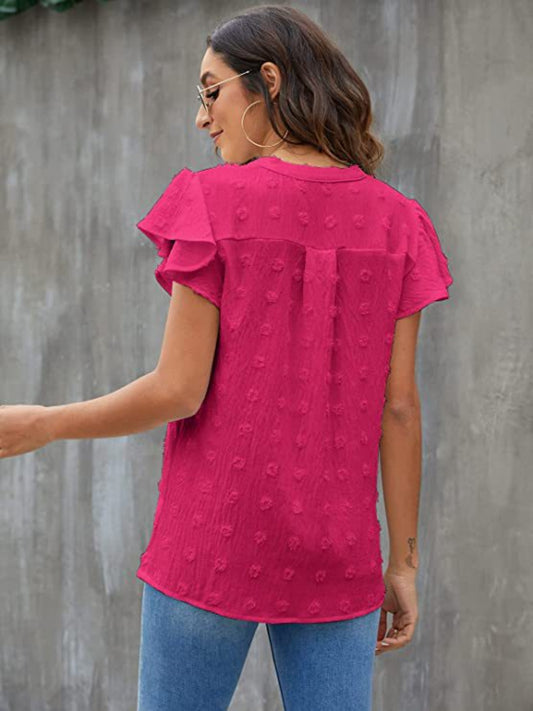 Swiss Dot Notched Cap Sleeve Blouse - Flyclothing LLC