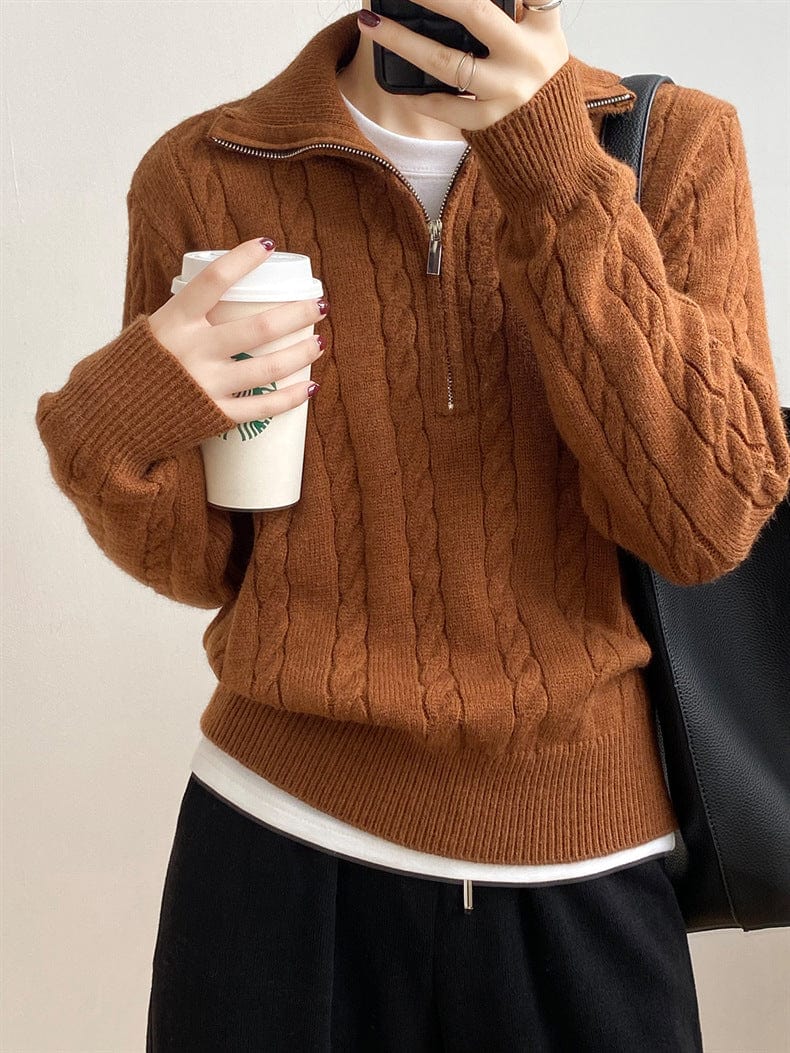 Cable-Knit Half Zip Long Sleeve Sweater - Trendsi