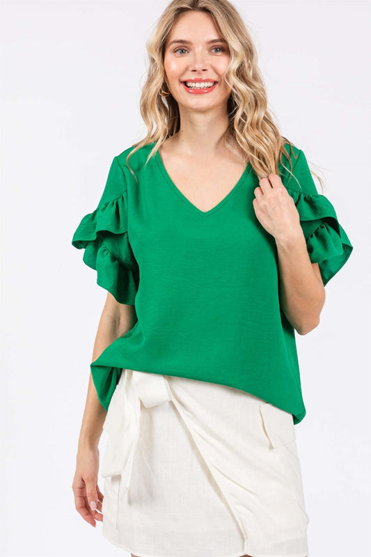 GeeGee Ruffled Short Sleeve V-Neck Blouse - Flyclothing LLC