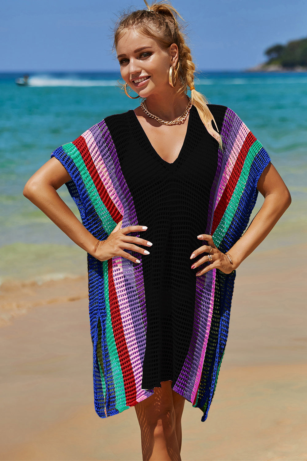 Double Take Openwork Striped Slit Knit Cover Up - Flyclothing LLC