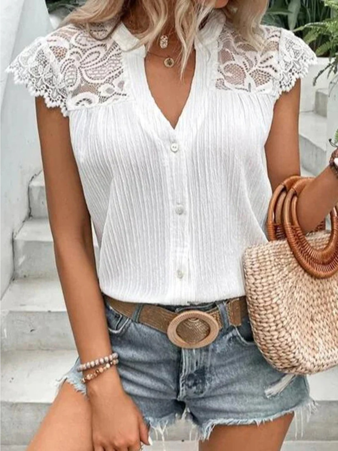 Lace Detail Notched Cap Sleeve Blouse - Flyclothing LLC