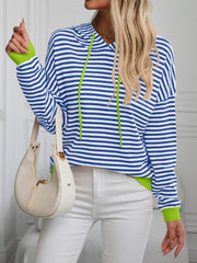 Mandy Striped Long Sleeve Hooded Knit Top - Trendsi