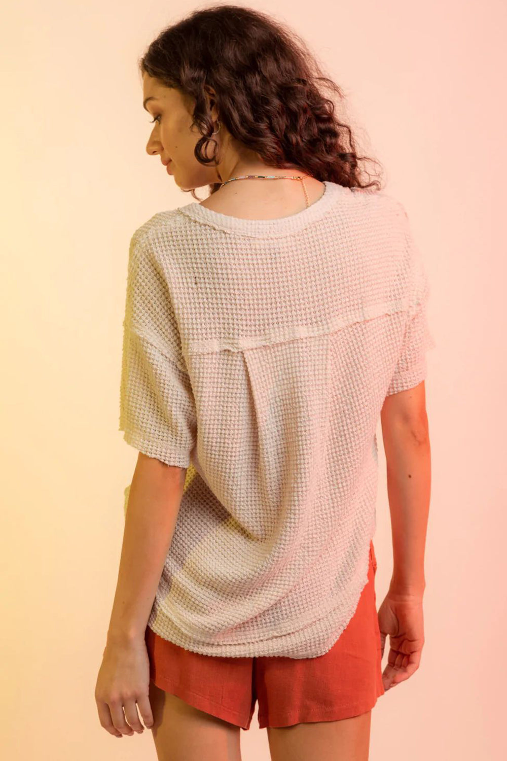 Waffle-Knit Notched Half Sleeve T-Shirt Trendsi