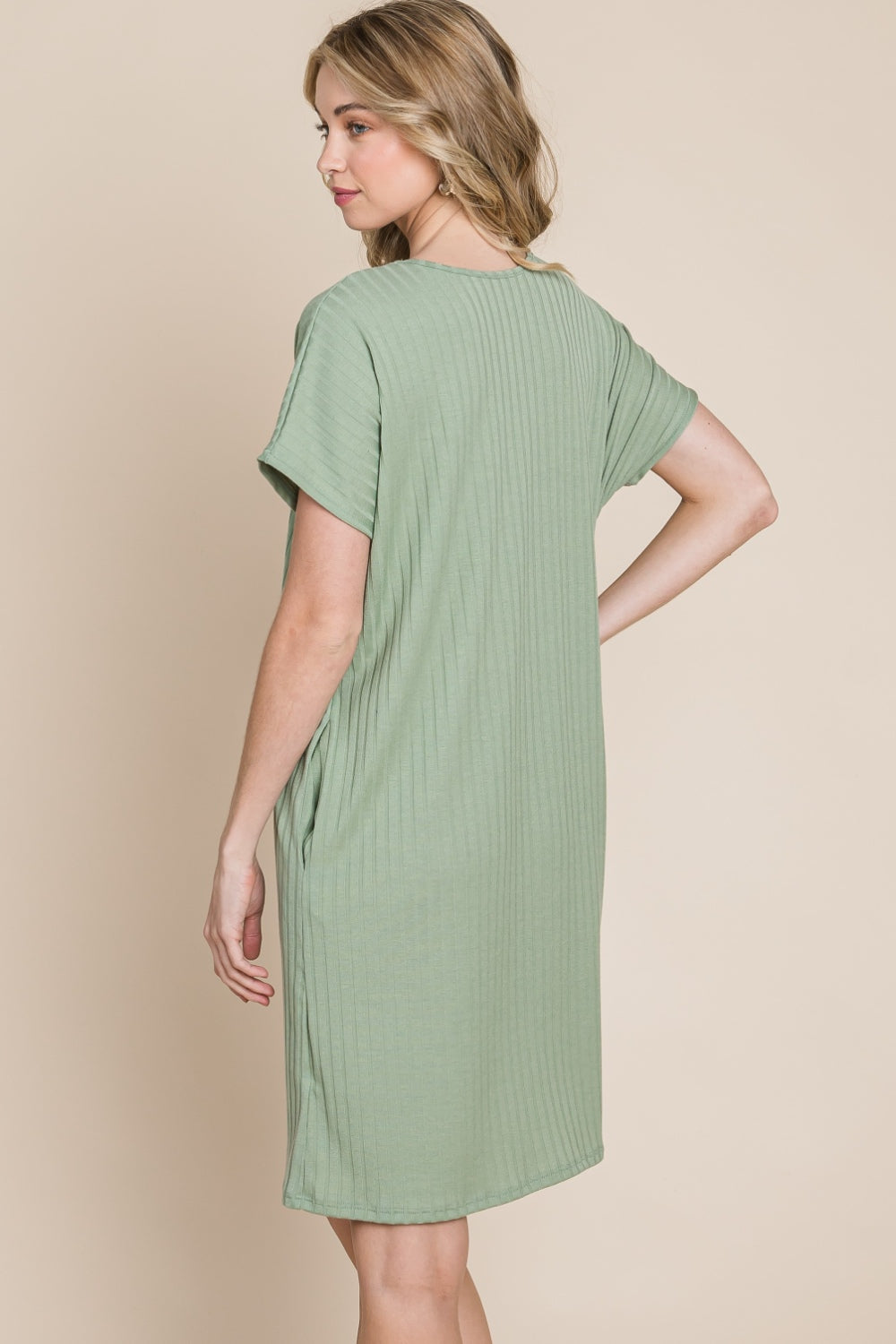 BOMBOM Ribbed Round Neck Short Sleeve Dress - Flyclothing LLC