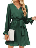 Surplice Flounce Sleeve Pleated Mini Dress - Flyclothing LLC