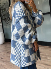 Checkered Open Front Long Sleeve Cardigan - Trendsi