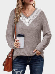 Lace Detail V-Neck Long Sleeve T-Shirt - Trendsi