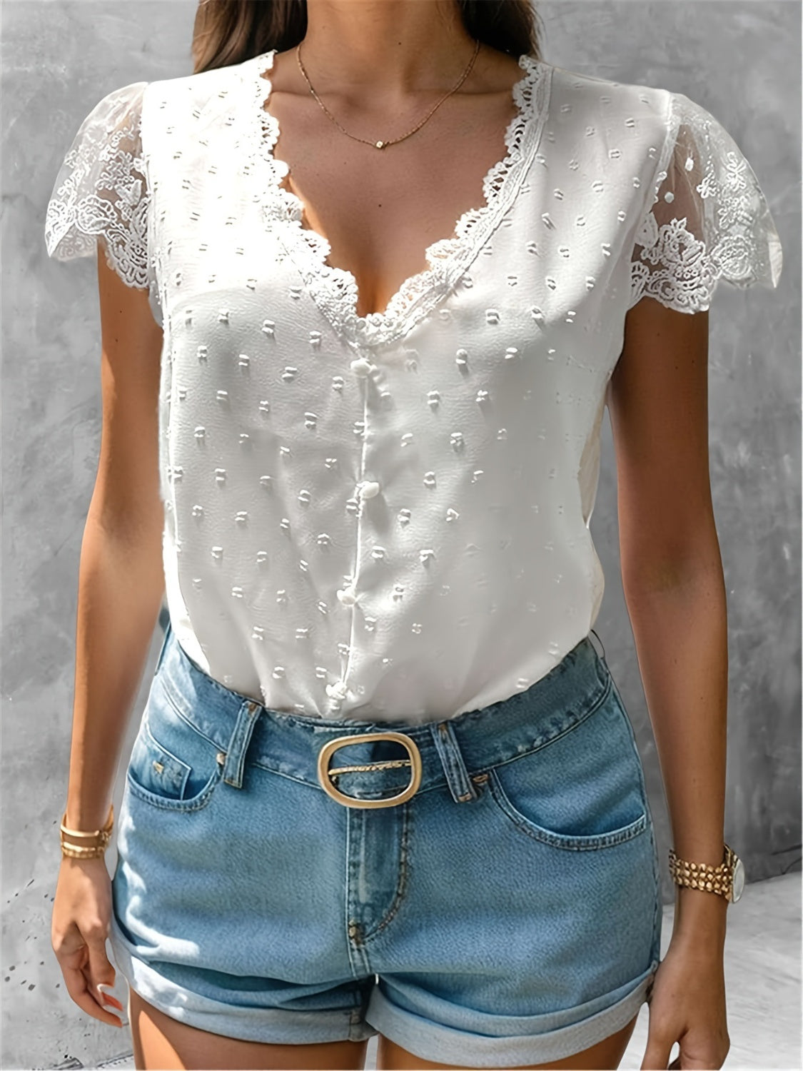 Swiss Dot Lace Detail V-Neck Cap Sleeve Blouse Trendsi