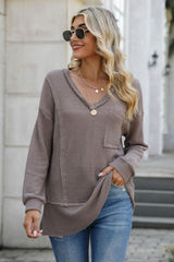 Exposed Seam V-Neck Long Sleeve T-Shirt - Trendsi