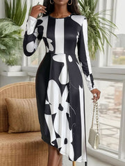 Asymmetrical Slit Round Neck Long Sleeve Midi Dress - Trendsi