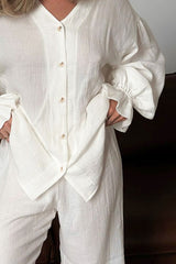 Breathable Ruffled V-Neck Long Sleeve Top and Pants Set - Trendsi