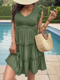 Frill Smocked V-Neck Tiered Dress Trendsi