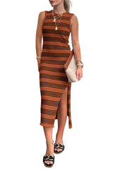 Slit Striped Round Neck Sleeveless Midi Dress Trendsi