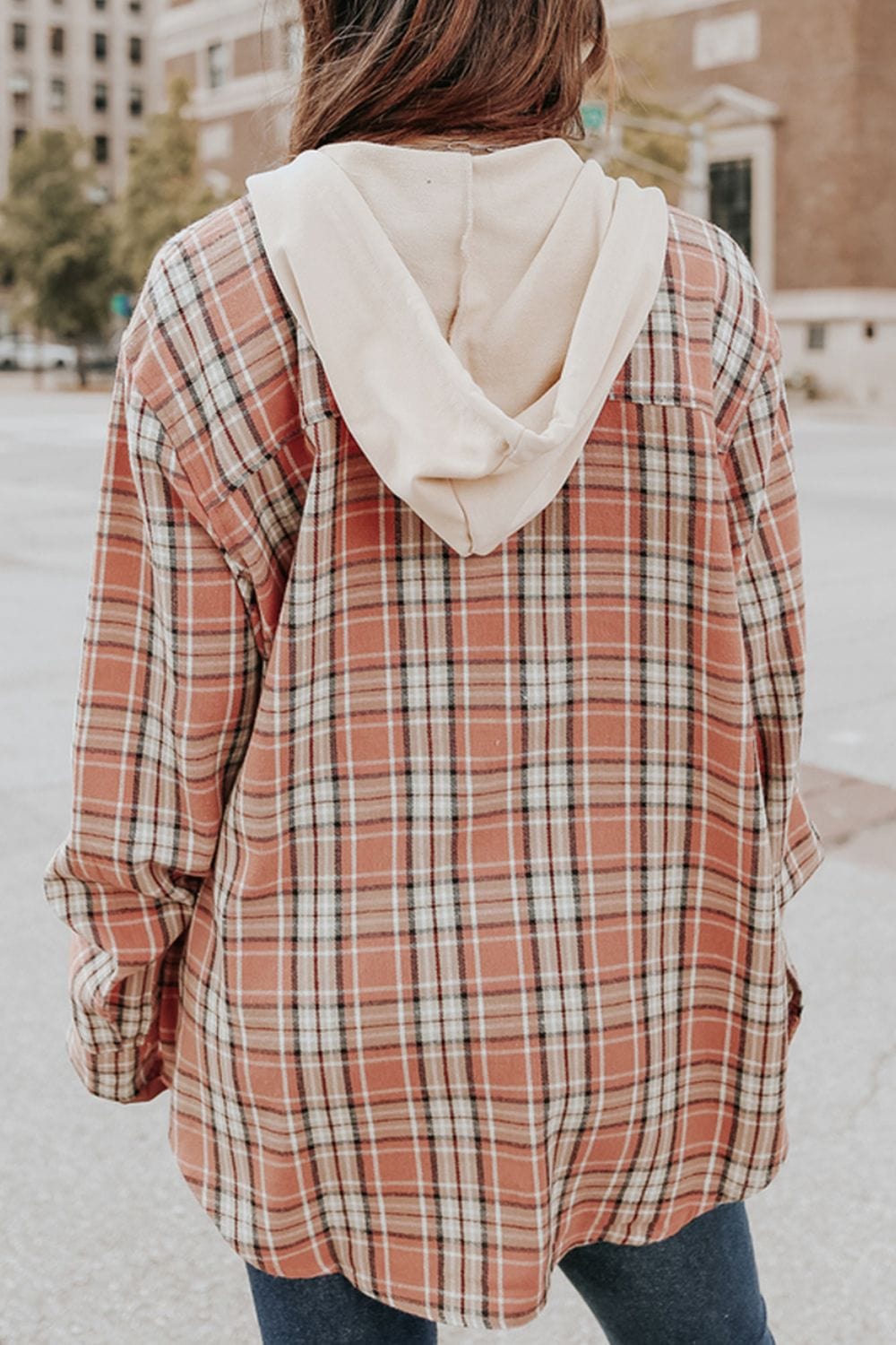 Drawstring Plaid Hooded Long Sleeve Shirt - Trendsi