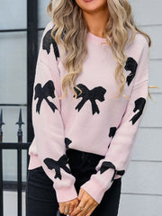 Bow Round Neck Dropped Shoulder Sweater - Trendsi