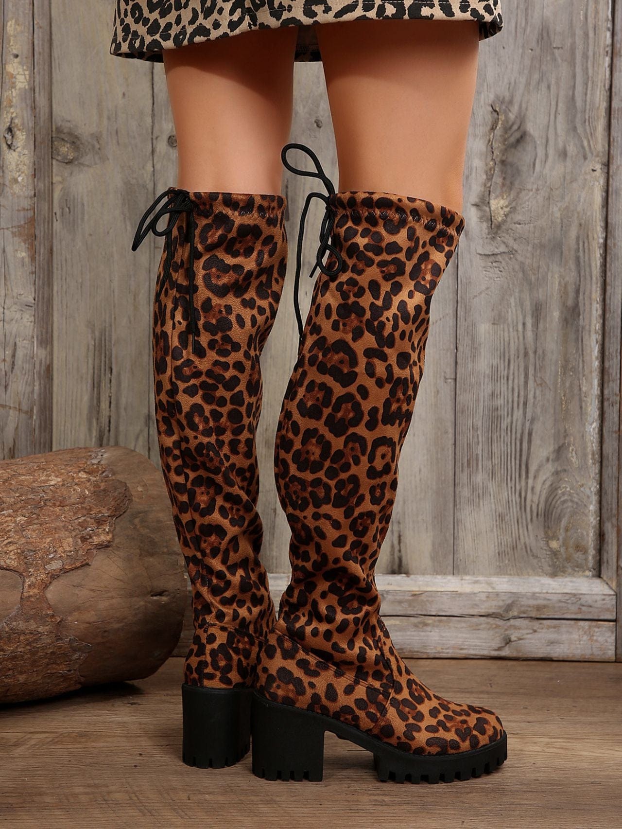 Leopard Round Toe Block Heel Boots - Trendsi