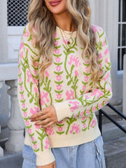 Flower Round Neck Long Sleeve Sweater - Trendsi