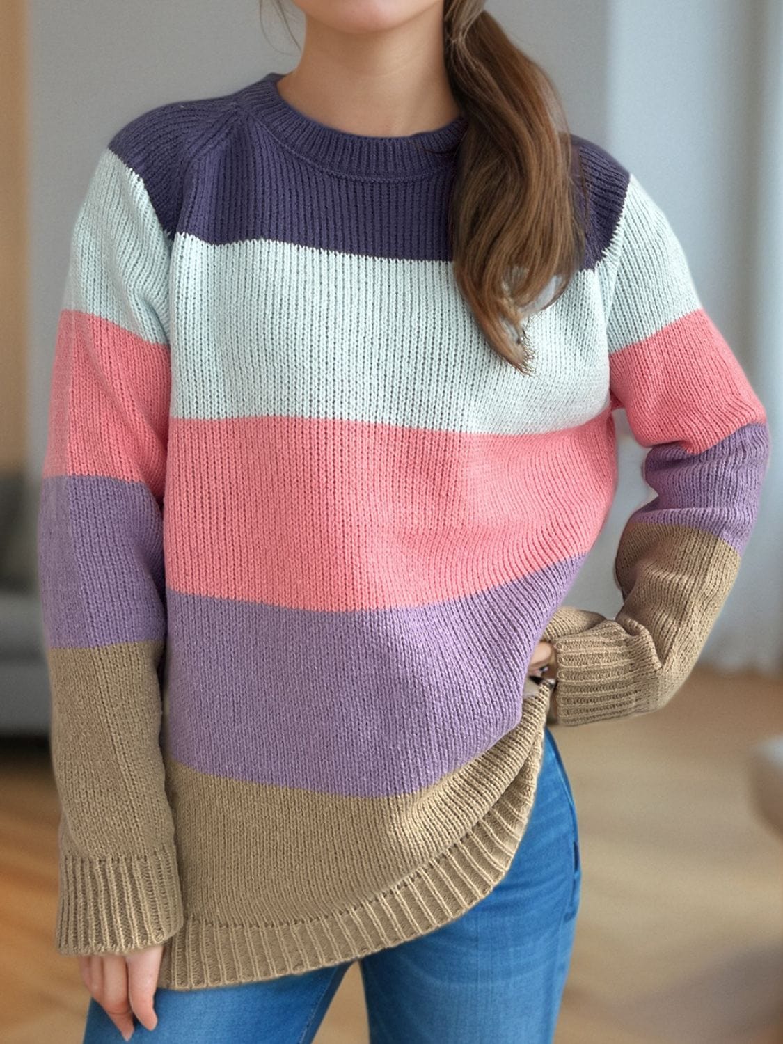 Color Block Round Neck Long Sleeve Sweater - Trendsi