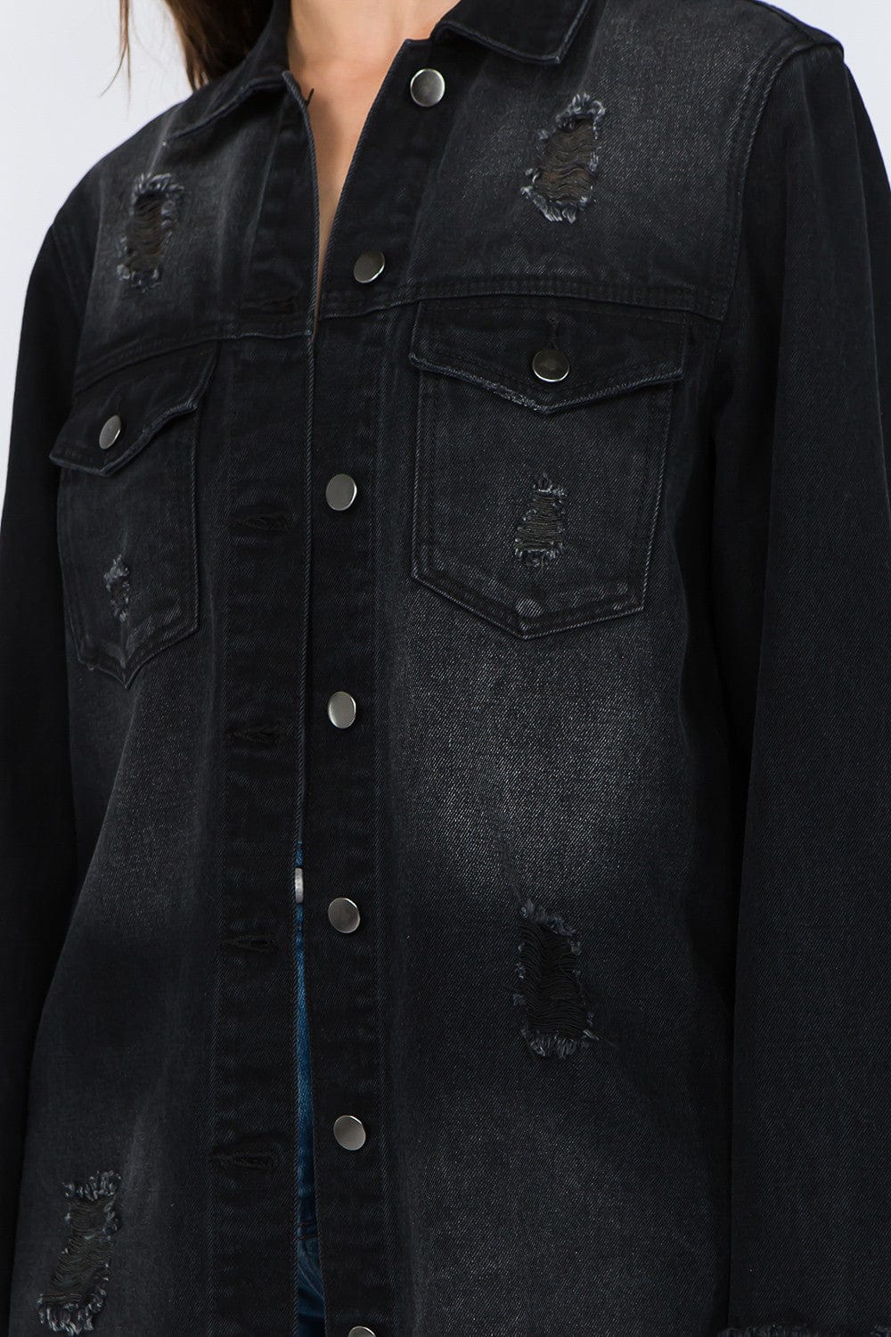 American Bazi Distressed Frayed Hem Denim Jacket - Trendsi