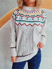 Cable-Knit Mock Neck Long Sleeve Sweater - Trendsi