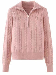 Cable-Knit Half Zip Long Sleeve Sweater - Trendsi