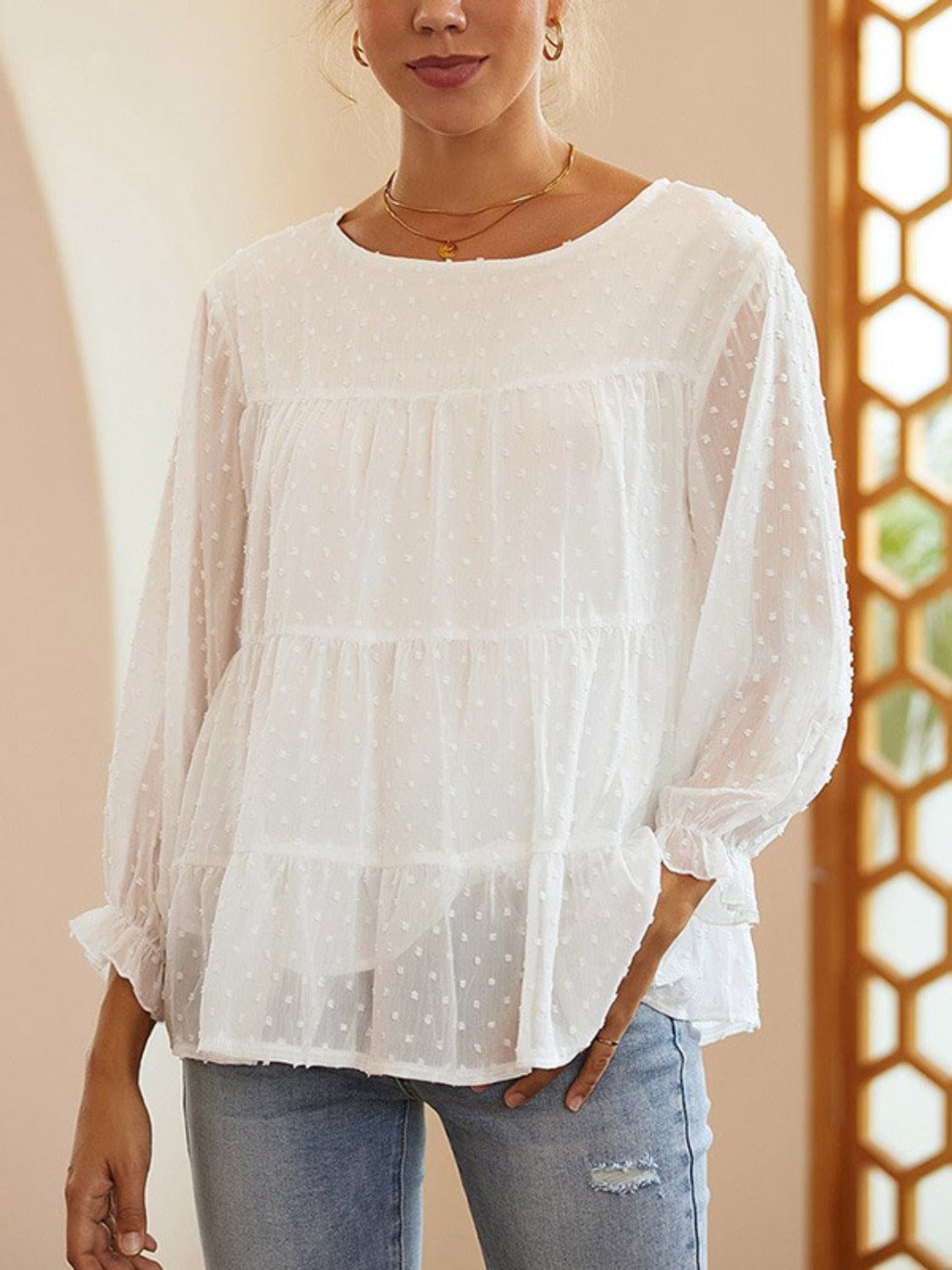 Full Size Swiss Dot Ruffled Round Neck Long Sleeve Blouse - Trendsi