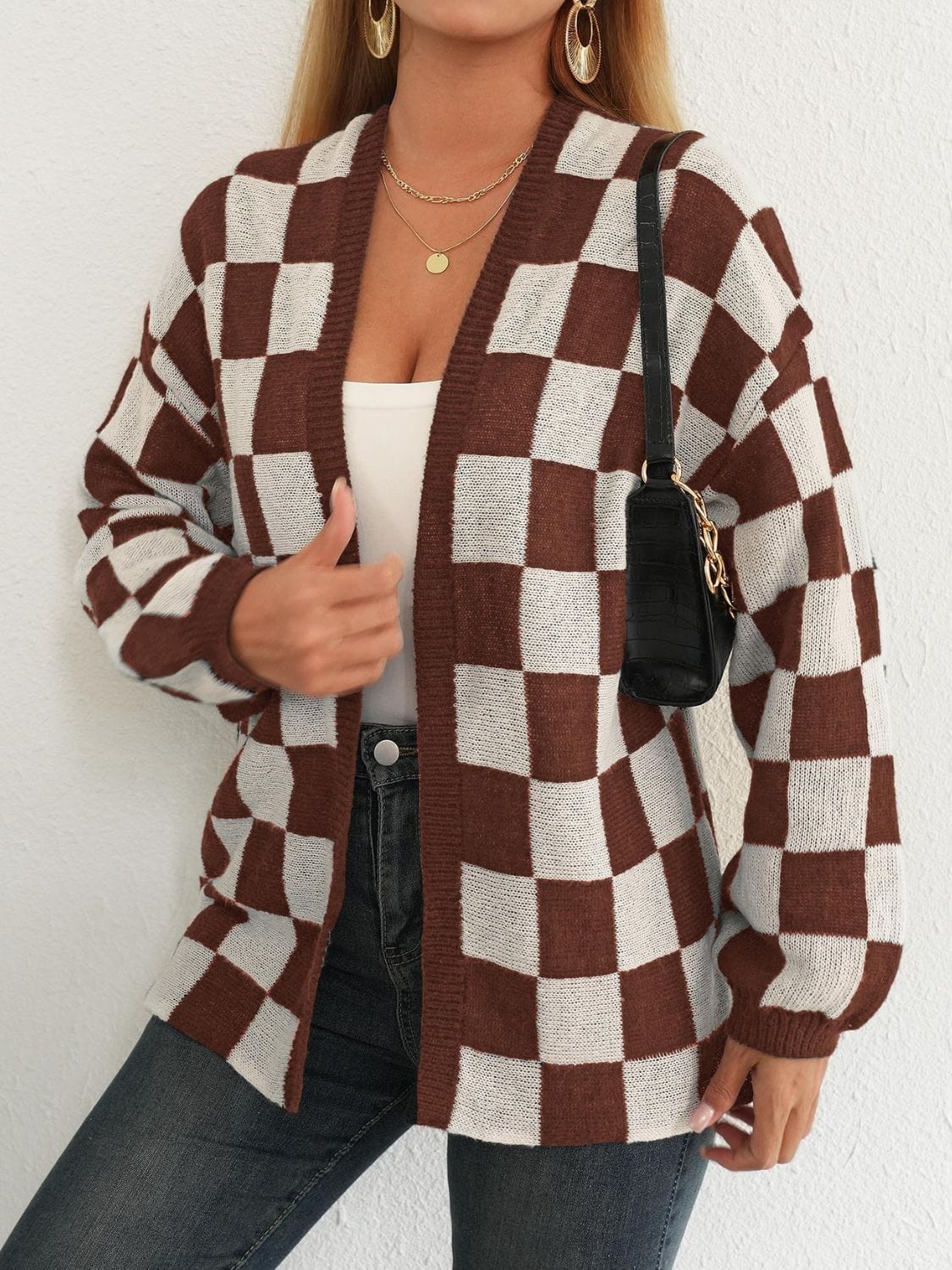 Checkered Open Front Long Sleeve Cardigan - Trendsi