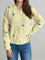 Heart Round Neck Zip Up Cardigan - Trendsi