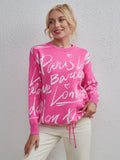 Drawstring Hem Letter Pattern Round Neck Dropped Shoulder Sweater - Trendsi