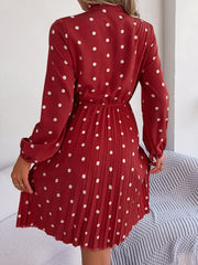 Polka Dot Tie Neck Pleated Dress - Flyclothing LLC