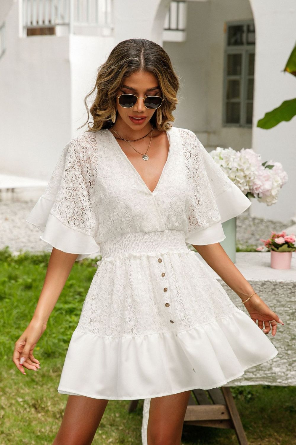 Lace Cutout Surplice Half Sleeve Dress Trendsi